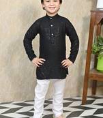 Boys chikankari sequined viscose rayon floral kurta pyjama set for boys - black