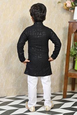 Boys chikankari sequined viscose rayon floral kurta pyjama set for boys - black 2