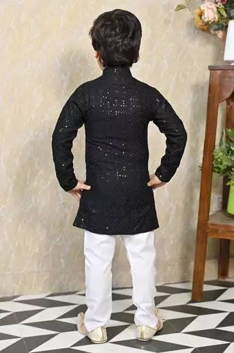 Boys chikankari sequined viscose rayon floral kurta pyjama set for boys - black