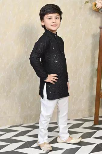 Boys chikankari sequined viscose rayon floral kurta pyjama set for boys - black