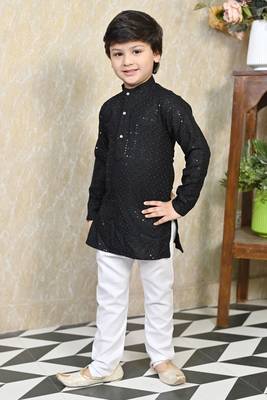 Boys chikankari sequined viscose rayon floral kurta pyjama set for boys - black 4