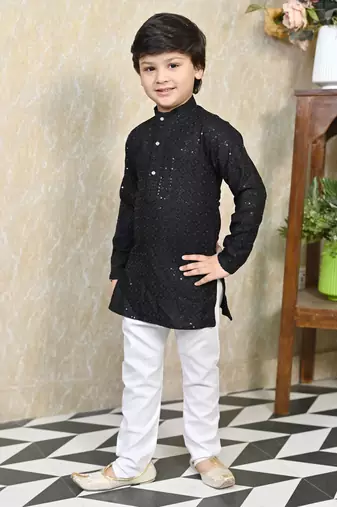 Boys chikankari sequined viscose rayon floral kurta pyjama set for boys - black