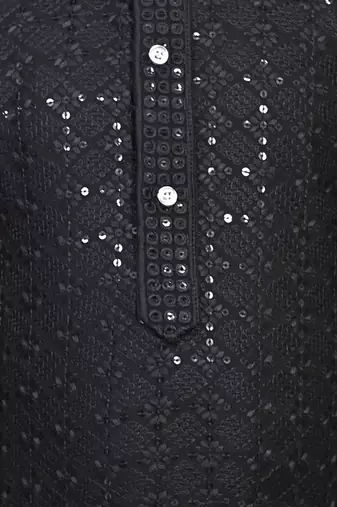 Boys chikankari sequined viscose rayon floral kurta pyjama set for boys - black