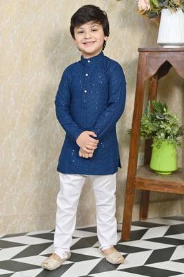 Boys chikankari sequined viscose rayon floral kurta pyjama set for boys - blue 1
