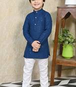 Boys chikankari sequined viscose rayon floral kurta pyjama set for boys - blue