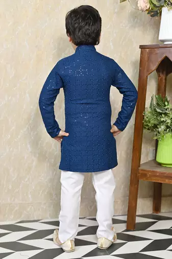 Boys chikankari sequined viscose rayon floral kurta pyjama set for boys - blue
