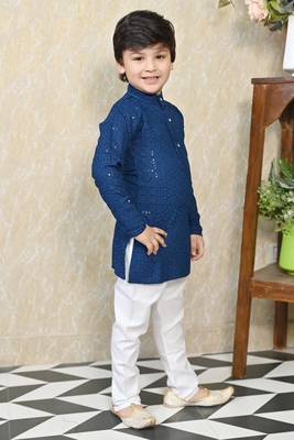 Boys chikankari sequined viscose rayon floral kurta pyjama set for boys - blue 3