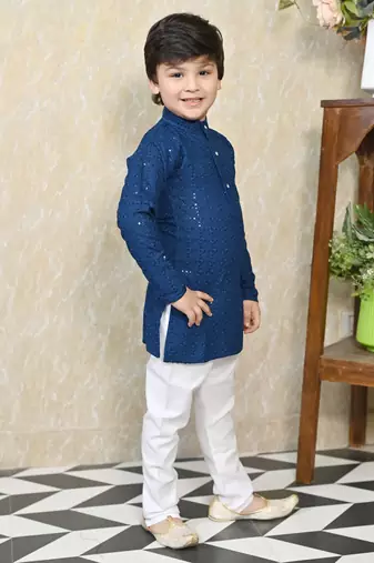 Boys chikankari sequined viscose rayon floral kurta pyjama set for boys - blue