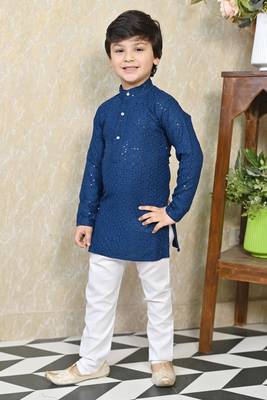 Boys chikankari sequined viscose rayon floral kurta pyjama set for boys - blue 4