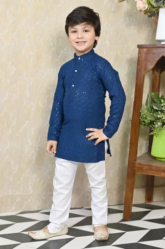 Boys chikankari sequined viscose rayon floral kurta pyjama set for boys - blue
