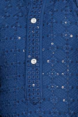 Boys chikankari sequined viscose rayon floral kurta pyjama set for boys - blue 5