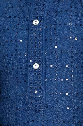 Boys chikankari sequined viscose rayon floral kurta pyjama set for boys - blue