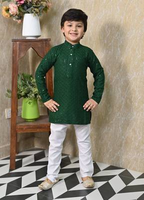 Boys chikankari sequined viscose rayon floral kurta pyjama set for boys - green 1
