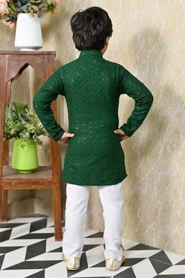Boys chikankari sequined viscose rayon floral kurta pyjama set for boys - green 2
