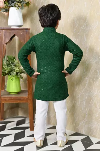 Boys chikankari sequined viscose rayon floral kurta pyjama set for boys - green