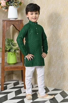 Boys chikankari sequined viscose rayon floral kurta pyjama set for boys - green 3