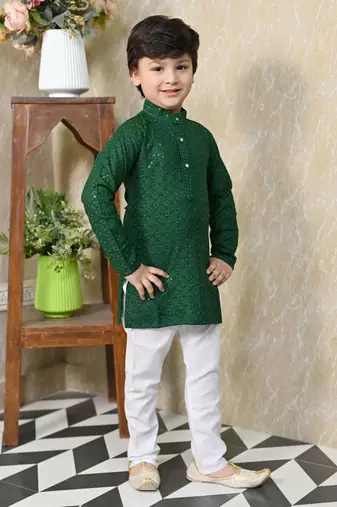 Boys chikankari sequined viscose rayon floral kurta pyjama set for boys - green