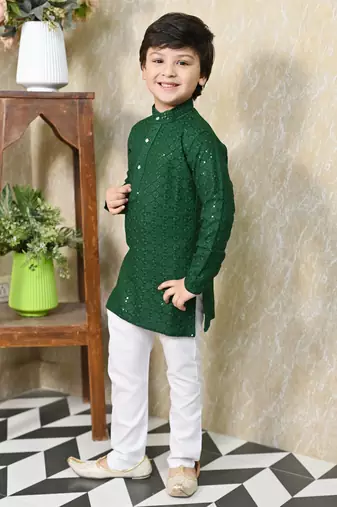 Boys chikankari sequined viscose rayon floral kurta pyjama set for boys - green