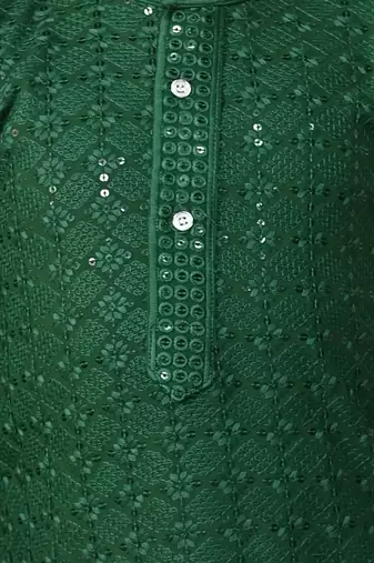Boys chikankari sequined viscose rayon floral kurta pyjama set for boys - green