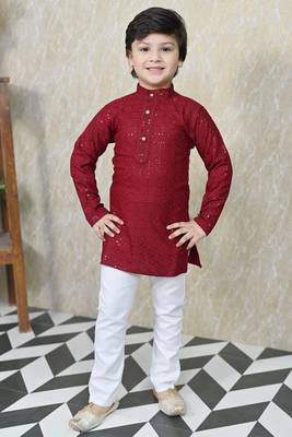 Boys chikankari sequined viscose rayon floral kurta pyjama set for boys - maroon 1