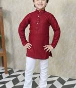 Boys chikankari sequined viscose rayon floral kurta pyjama set for boys - maroon