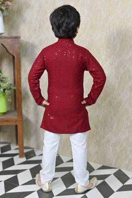 Boys chikankari sequined viscose rayon floral kurta pyjama set for boys - maroon 2