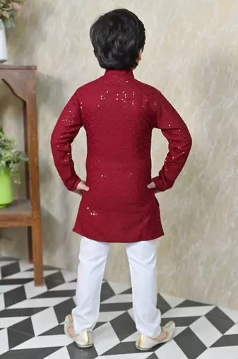 Boys chikankari sequined viscose rayon floral kurta pyjama set for boys - maroon