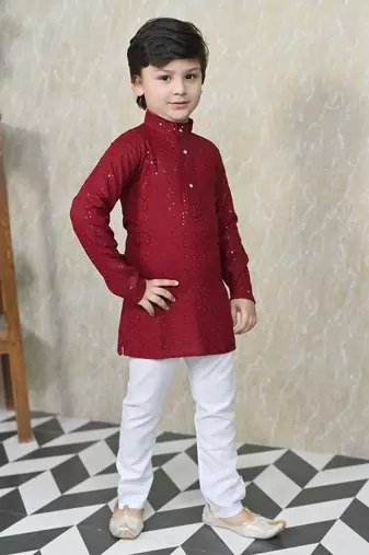 Boys chikankari sequined viscose rayon floral kurta pyjama set for boys - maroon