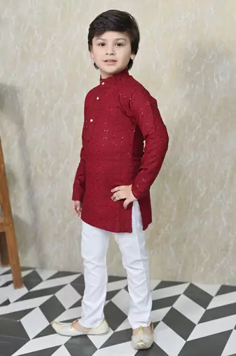 Boys chikankari sequined viscose rayon floral kurta pyjama set for boys - maroon