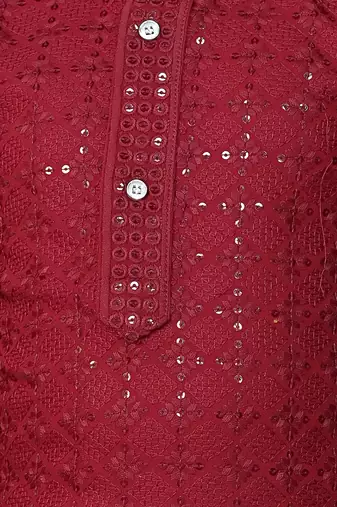 Boys chikankari sequined viscose rayon floral kurta pyjama set for boys - maroon
