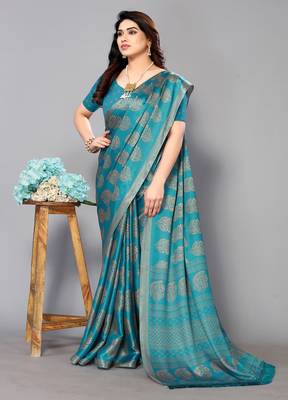 Green Printed Chiffon Daily Wear Saree With Blouse 1