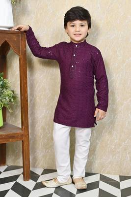 Boys chikankari sequined viscose rayon floral kurta pyjama set for boys - wine 1