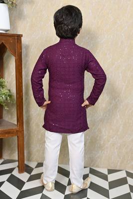 Boys chikankari sequined viscose rayon floral kurta pyjama set for boys - wine 2