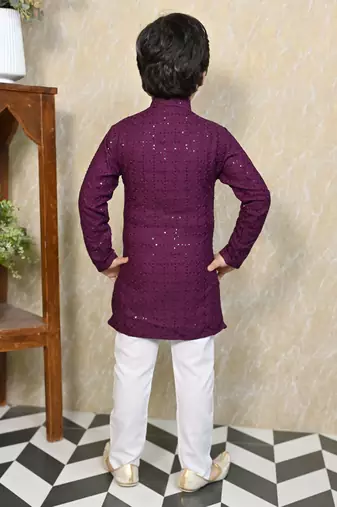 Boys chikankari sequined viscose rayon floral kurta pyjama set for boys - wine