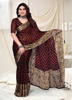 Red Printed Chiffon Daily Wear Saree With Blouse 1