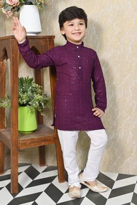 Boys chikankari sequined viscose rayon floral kurta pyjama set for boys - wine 3