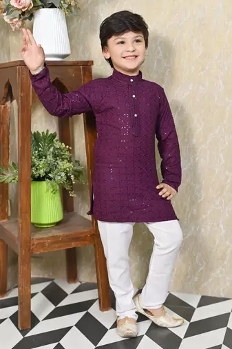 Boys chikankari sequined viscose rayon floral kurta pyjama set for boys - wine