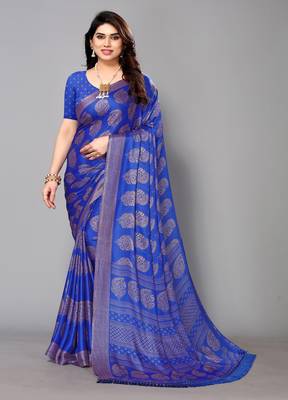 Blue Printed Chiffon Daily Wear Saree With Blouse 1
