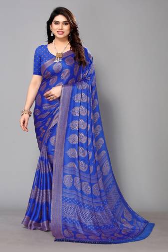 Blue Printed Chiffon Daily Wear Saree With Blouse