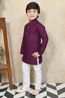 Boys chikankari sequined viscose rayon floral kurta pyjama set for boys - wine 4