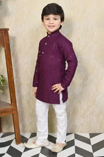 Boys chikankari sequined viscose rayon floral kurta pyjama set for boys - wine