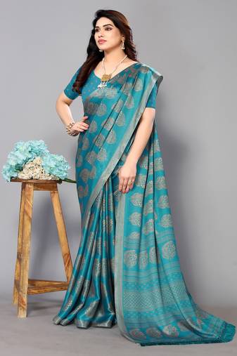 Blue Printed Chiffon Daily Wear Saree With Blouse