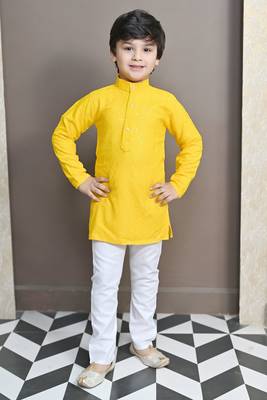 Boys chikankari sequined viscose rayon floral kurta pyjama set for boys - yellow 1