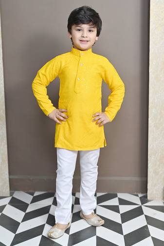 Boys chikankari sequined viscose rayon floral kurta pyjama set for boys - yellow