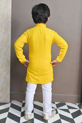Boys chikankari sequined viscose rayon floral kurta pyjama set for boys - yellow 2