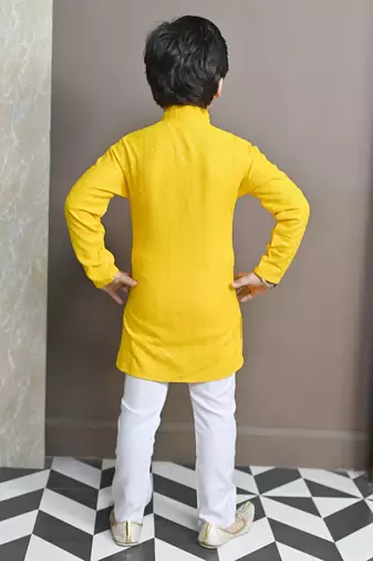 Boys chikankari sequined viscose rayon floral kurta pyjama set for boys - yellow