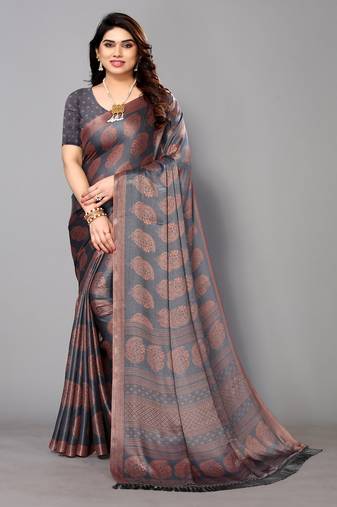 Grey Printed Chiffon Daily Wear Saree With Blouse