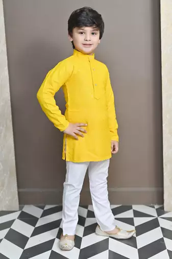 Boys chikankari sequined viscose rayon floral kurta pyjama set for boys - yellow