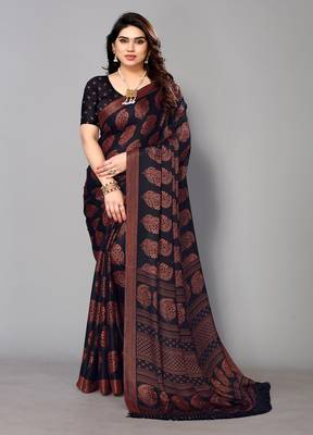 Black Printed Chiffon Daily Wear Saree With Blouse 1