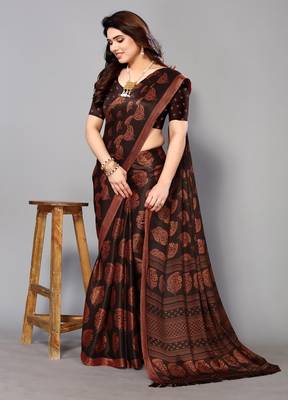Brown Printed Chiffon Daily Wear Saree With Blouse 1